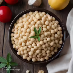 a bowl of chickpeas with basil leaves