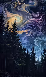 some trees are next to a night sky with stars