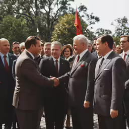 two men shake hands outside with other people behind them