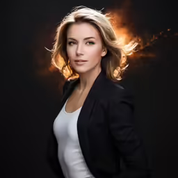 the model wears a white dress underneath her blazer