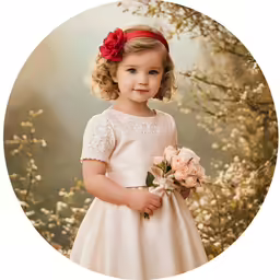 a little girl wearing a white dress holding flowers