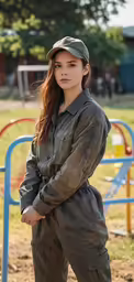 a woman standing with her arms crossed near a park