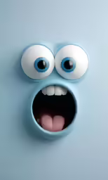 a silly looking face with big eyes on a blue surface