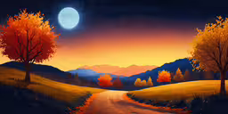 a painting of the landscape with an empty road leading up to two trees and the moon in the distance,a painting of a road going through the mountains