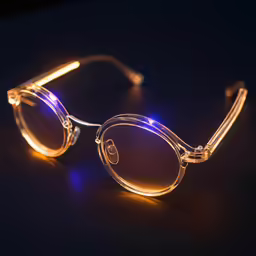 an eyeglass with glowing glasses on a dark background