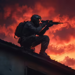 a man wearing an army uniform holding a rifle while sitting on top of a roof