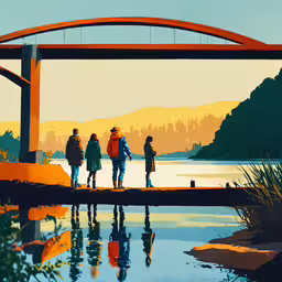 three people are on a bridge looking out over the water,people stand on a bridge near the water
