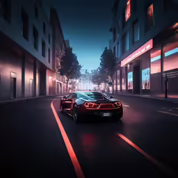 a large red sports car on a city street