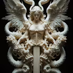 an intricate statue of a woman holding a sword surrounded by white griffins