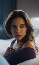 a young woman looking at the camera while sitting on a bed