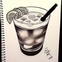 a sketch of a cocktail drink sitting on top of a book,a black and white photo of a drink on a notebook