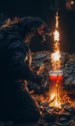some burning fire next to a candle and creature