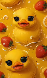 a group of rubber ducks with strawberries and oranges on the ground