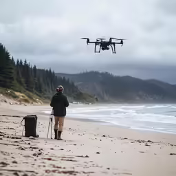 a person walking down the beach next to a remote control flying