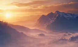 the sun is shining down over mountains in the distance
