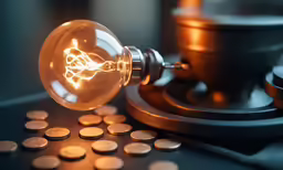 a light bulb with coins surrounding it on a table