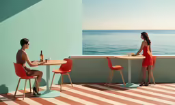 two people at tables drinking beer on a beach