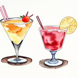 two cocktails on top of a plate with lemon wedges,two cocktails sit in glass on a white surface