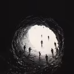 some people walking out a black and white tunnel