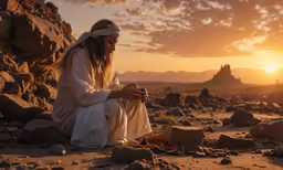 a religious person sitting in the middle of the desert