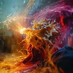 the image is in very dark and brightly lit with fire