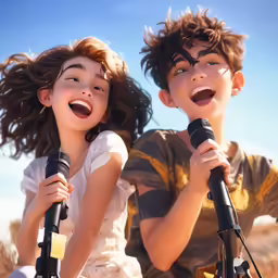 a couple of kids singing into microphones