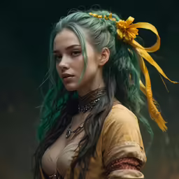 a woman in yellow clothing with braids and yellow flowers on her head