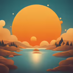 illustration of the sun over a river surrounded by mountains