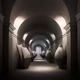 a tunnel way with three large round vases lined up and empty