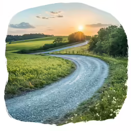 a painting of a country road and a winding dirt road