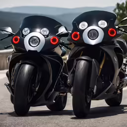 two black motorcycles side by side in the road