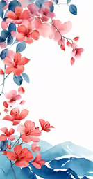 watercolor paintings featuring flowers and trees with hills