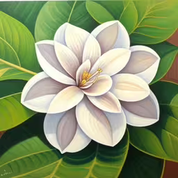 a painting of a white flower with green leaves,a large painting of a white flower with green leaves