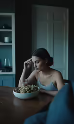 a girl sitting at a table eating cereal with her arm on her head