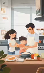 a family cooks together in a kitchen