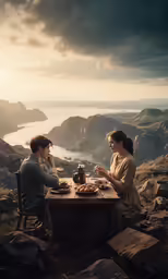a couple sitting at a picnic table looking out over the mountains