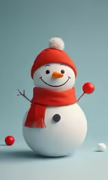 a snowman wearing a red cap and scarf and a cherry