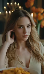 a woman is sitting at the table with her hand near her face