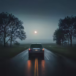 an suv driving down the road on a foggy night