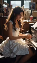 the girl is playing a musical keyboard in the room