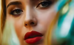 a woman with bright make up and long blond hair looking at the camera