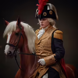 a woman in period clothing sitting on a horse