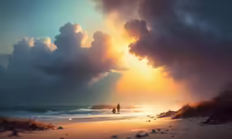 two people walking on a beach under cloudy skies