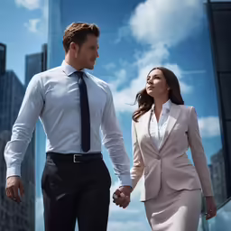 two people wearing business attire walking down a street