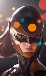 a woman with black leather and gold helmet