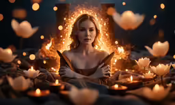 a woman sitting on a bed of white flowers