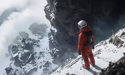 the man in a suit is standing at the top of a mountain