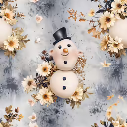 a snowman wearing a top hat standing in front of some flowers