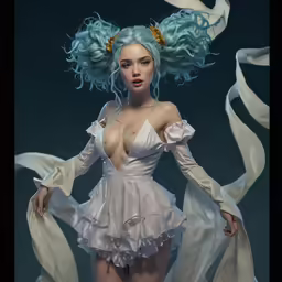 a white and blue costume featuring a woman with very short hair
