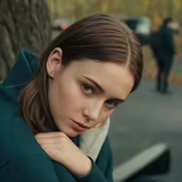 a young woman is leaning against a tree